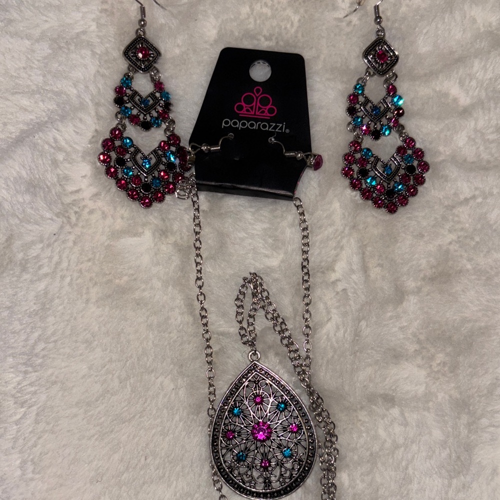 Paparazzi Silver Filigree Teardrop Necklace & Earrings Set - Fuchsia & Teal